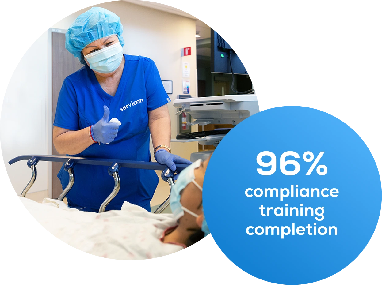 EVS technician in a hospital, accompanied by the text "96% compliance training completion"